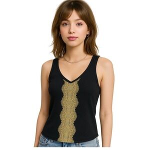 Express‎ Women's Y2K Black Ribbed Embellished Beaded Sequin Gold Trim Tank Large